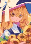  1girl bangs black_dress black_headwear blonde_hair blush bouquet bow brown_eyes dress e_sdss flower hat hat_bow highres holding holding_bouquet kirisame_marisa looking_at_viewer parted_lips portrait solo sunflower touhou white_bow witch_hat 