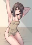  1girl absurdres apron arm_behind_head armpits arms_up bang_dream! bangs bare_arms bare_shoulders bed_sheet black_hair breasts brown_apron brown_eyes cleavage closed_mouth collarbone commentary_request cowboy_shot day head_tilt highres indoors looking_at_viewer medium_breasts medium_hair naked_apron ptal shade sitting smile solo stretching tsukishima_marina 