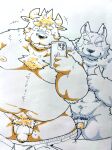  2022 anthro balls belly big_belly bovid bovine canid canine canis cattle cellphone duo eyes_closed flaccid genitals hi_res humanoid_genitalia humanoid_hands humanoid_penis kemono male male/male mammal moobs navel nipples overweight overweight_male penis phone pubes smartphone suishou0602 wolf 