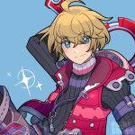  1boy armor artist_request blonde_hair blue_eyes highres holding looking_at_viewer male_focus monado short_hair shulk_(xenoblade) simple_background smile solo sword vest weapon xenoblade_chronicles_(series) xenoblade_chronicles_1 