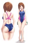  1girl absurdres blue_swimsuit breasts brown_eyes brown_hair commentary_request commission competition_swimsuit covered_navel cowboy_shot girls_und_panzer highres looking_at_viewer multiple_views ncontrail_(mgax7527) nishizumi_miho one-piece_swimsuit short_hair simple_background sitting skeb_commission small_breasts stool swimsuit two-tone_swimsuit white_background 