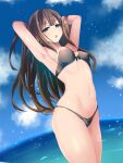  1girl :o armpits arms_behind_head arms_up bare_arms bikini black_bikini black_swimsuit blue_sky breasts brown_hair cloud commentary_request covered_nipples cowboy_shot day front-tie_top green_eyes highres idolmaster idolmaster_cinderella_girls long_hair medium_breasts navel ocean okuri_banto open_mouth outdoors shibuya_rin skindentation sky solo stomach strapless strapless_bikini swimsuit thighs wet 