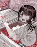  1girl :d absurdres ahoge bandaid bandaid_on_neck bare_legs bath bath_of_blood bathing black_nails blood blood_splatter blush brown_hair commentary_request ear_piercing eyelashes eyepatch feet_out_of_frame from_side gauze hanataro_(sruvhqkehy1zied) hand_up head_tilt highres indoors industrial_piercing knees_up long_hair looking_at_viewer mole mole_under_eye mole_under_mouth open_hand open_mouth original piercing purple_eyes shirt short_sleeves sitting smile solo t-shirt teeth tile_wall tiles tongue upper_teeth wall white_shirt 