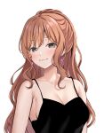 1girl :3 armpit_crease bang_dream! bangs bare_shoulders black_camisole blush breasts brown_hair bunny_earrings camisole cleavage closed_mouth collarbone commentary_request earrings green_eyes hair_between_eyes half_updo highres imai_lisa jewelry long_hair looking_at_viewer medium_breasts ptal sidelocks simple_background smile solo spaghetti_strap upper_body wavy_hair white_background 