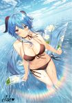  1girl aile_(crossroads) bangs bare_arms bare_shoulders bikini black_bikini blue_hair blue_sky blush breasts cleavage closed_mouth cloud cloudy_sky commentary_request day front-tie_bikini front-tie_top ganyu_(genshin_impact) genshin_impact hair_between_eyes highres horizon large_breasts long_hair navel ocean outdoors side-tie_bikini sky smile solo swimsuit very_long_hair water wet 