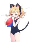  1girl animal_ear_headphones ball bangs beachball blonde_hair blowing blue_archive bow cat_ear_headphones cat_tail hair_bow halo headphones inflatable_toy momoi_(blue_archive) no_entity parted_bangs red_bow simple_background solo sweat swimsuit tail white_background 