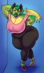  anthro bead_necklace big_breasts biped blue_background bottomwear breasts chubby_anthro chubby_female cleavage clothed clothing crossed_legs curled_hair curvy_figure dragon ear_piercing female footwear fully_clothed galacticgoodie green_body green_hair green_lips green_scales hair half-closed_eyes hand_behind_head hand_on_hip hi_res high_heels horn huge_breasts humanoid_pointy_ears lips mature_anthro mature_female membrane_(anatomy) membranous_wings narrowed_eyes pants piercing pose scales scalie shirt simple_background slightly_chubby solo stella_(galacticgoodie) thick_lips thick_thighs topwear voluptuous wide_hips wings yellow_body yellow_scales yellow_sclera 