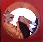  absurd_res anthro cheek_tuft clothed clothing facial_tuft felid feline footwear hi_res hole_in_wall it_goes_in_the_square_hole lynx male mammal pylon(dangerpylons) socks solo tailless temchang tuft 