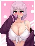  1girl absurdres bikini blush breasts cleavage collarbone covering_mouth framed front-tie_bikini front-tie_top gridman_universe hand_over_own_mouth highres jacket large_breasts long_sleeves off_shoulder open_clothes open_jacket pink_background pink_eyes pink_hair purple_jacket shinjou_akane solo ssss.gridman swimsuit the_only_shoe upper_body white_bikini 