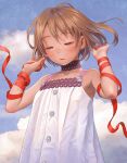  1girl arm_ribbon bangs bare_shoulders blue_sky brown_eyes brown_hair buttons choker cloud commentary_request day dress floating_hair half-closed_eyes hands_up looking_down murata_range original outdoors parted_lips purple_choker red_ribbon ribbon short_hair sky sleeveless sleeveless_dress solo spaghetti_strap standing upper_body white_dress wind 