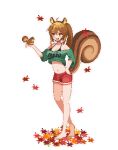  1girl :d ahoge animal_ears animal_on_hand artist_request autumn_leaves bangs bare_legs bare_shoulders barefoot blush bra_strap brown_eyes brown_hair clothes_writing commission crop_top crop_top_overhang full_body green_shirt hair_between_eyes hand_on_hip large_tail long_hair midriff navel off-shoulder_shirt off_shoulder open_mouth original park_bokja pixel_art ponytail red_shorts second-party_source shirt short_shorts short_sleeves shorts smile solo squirrel squirrel_ears squirrel_tail standing stomach t-shirt tail transparent_background v-shaped_eyebrows 