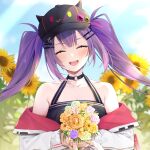  1girl :d bare_shoulders baseball_cap bibi_(tokoyami_towa) black_choker black_headwear blush bouquet choker closed_eyes facing_viewer fake_horns flower halterneck hat highres holding holding_bouquet hololive horned_headwear horns izumi_kei jacket long_hair multicolored_hair off_shoulder orange_flower pink_flower pink_hair purple_hair sidelocks smile solo streaked_hair sunflower tokoyami_towa twintails upper_body virtual_youtuber white_jacket yellow_flower 