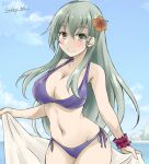  1girl aqua_eyes aqua_hair bikini blue_sky breasts cleavage cloud commentary_request cowboy_shot day gakky hair_ornament hairclip kantai_collection large_breasts long_hair ocean official_alternate_costume one-hour_drawing_challenge outdoors purple_bikini sarong scrunchie side-tie_bikini sky solo suzuya_(kancolle) swimsuit wrist_scrunchie 
