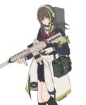  1girl 3_small_spiders absurdres alternate_costume assault_rifle bag bangs black_scarf blue_serafuku blue_skirt blush brown_eyes brown_hair closed_mouth clothes_around_waist commentary feet_out_of_frame girls&#039;_frontline gun harness headset highres holding holding_bag holding_gun holding_weapon jacket jacket_around_waist long_hair long_sleeves looking_at_viewer m4_carbine m4a1_(girls&#039;_frontline) multicolored_hair rifle scarf school_uniform serafuku skirt socks solo standing streaked_hair weapon white_background white_jacket 