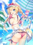  1girl ;d ameto_yuki animal_ear_fluff animal_ears apron ass bare_shoulders bikini blonde_hair blue_eyes blue_sky blush braid breasts butt_crack cloud comiket_100 commentary_request day detached_sleeves doughnut food fox_ears fox_girl fox_tail frilled_apron frills from_behind hair_ribbon holding holding_tray horizon large_breasts long_hair looking_at_viewer looking_back melonbooks ocean one_eye_closed original outdoors parfait puffy_short_sleeves puffy_sleeves ribbon short_sleeves sky smile solo striped striped_bikini striped_sleeves swimsuit tail tray twin_braids twintails vertical-striped_bikini vertical_stripes very_long_hair visor_cap waist_apron water white_apron white_headwear white_ribbon wrist_cuffs 