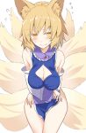  1girl adapted_costume animal_ears bare_shoulders blonde_hair blush breasts cleavage cleavage_cutout clothing_cutout cowboy_shot detached_sleeves e.o. flying_sweatdrops fox_ears fox_tail highres large_breasts multiple_tails naked_tabard short_hair simple_background solo tabard tail touhou white_background white_sleeves yakumo_ran yellow_eyes 