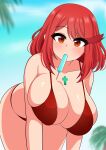  1girl absurdres bangs bikini blurry blurry_background blush breasts chest_jewel cleavage collarbone eating food highres large_breasts leaning_forward looking_at_viewer medium_hair mouth_hold palm_leaf popsicle pyra_(xenoblade) red_bikini red_eyes red_hair shiny shiny_skin sky solo swept_bangs swimsuit the_only_shoe xenoblade_chronicles_(series) xenoblade_chronicles_2 