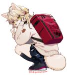  accessory ahoge ambiguous_gender anthro backpack bottomwear canid canine clothing crouching female_(lore) footwear gesture hair hair_accessory hi_res ichiri_(ningenzoo) kemono mammal ningenzoo pleated_skirt pumps school_uniform skirt socks solo sweater the_north_face topwear uniform v_sign yellow_eyes 