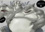 anthro belly big_belly dc_comics dialogue fish hand_on_stomach hauoli47 king_shark male marine overweight overweight_male shark solo suicide_squad text 