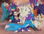  anthro bite blue_body blue_fur blush bodily_fluids canid canine collar drooling fox fur hair hyilpi licking looking_pleasured male mammal neck_bite nyaaa_foxx orange_hair paws purple_hair saliva tongue tongue_out voodoo voodoo_doll 