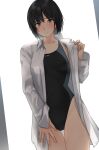  1girl amagami black_hair black_swimsuit breasts brown_eyes collarbone competition_swimsuit cowboy_shot dress_shirt dutch_angle groin highleg highleg_swimsuit highres looking_at_viewer nanasaki_ai one-piece_swimsuit open_clothes open_shirt shirt short_hair small_breasts solo standing swimsuit thigh_gap white_shirt yoo_tenchi 