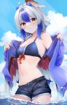  absurdres blue_bra blue_hair blue_sky bow bow_bra bra denim denim_shorts grey_hair gunsou1350 highres in_water jacket medium_hair midriff multicolored_hair navel outdoors red_bow red_eyes red_wings removing_jacket serious shorts sky streaked_hair tokiko_(touhou) touhou underwear wings 