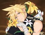  1boy artist_name bandaged_arm bandages bare_shoulders black_pants black_shirt blonde_hair blue_eyes brown_background cloud_strife dated earrings final_fantasy final_fantasy_vii final_fantasy_vii_remake flower hair_between_eyes happy_birthday holding holding_flower hugging_own_legs jewelry krudears leaf looking_at_viewer male_focus own_hands_together pants shirt short_hair single_earring sleeveless sleeveless_turtleneck smile solo spiked_hair turtleneck twitter_username upper_body white_flower yellow_flower 
