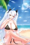  1girl antenna_hair azur_lane beach bikini black_bikini black_choker black_ribbon blue_sky breasts choker day edwardapcychu finger_to_mouth flag_print foot_out_of_frame german_flag_bikini hair_ribbon highres huge_breasts long_hair mole mole_on_breast multicolored_hair official_alternate_costume outdoors palm_leaf prinz_eugen_(azur_lane) prinz_eugen_(unfading_smile)_(azur_lane) red_hair ribbon sitting sky solo streaked_hair swimsuit two-tone_hair very_long_hair white_hair yellow_eyes 