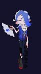  1girl asymmetrical_hair blue_hair chest_sarashi ear_piercing full_body hair_ornament hair_over_one_eye hand_fan imaikuy0 piercing pointy_ears red_eyes sarashi see-through shiver_(splatoon) simple_background smile solo splatoon_(series) splatoon_3 standing tentacle_hair 