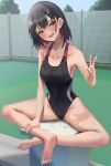  1girl :d absurdres amane_sora bangs bare_arms bare_legs bare_shoulders barefoot black_hair black_swimsuit blush breasts colored_inner_hair full_body groin hair_behind_ear hand_on_own_leg head_tilt highres looking_at_viewer medium_breasts medium_hair mole mole_on_leg mole_under_eye multicolored_hair one-piece_swimsuit original outdoors red_eyes red_hair sitting smile solo swimsuit v wet 