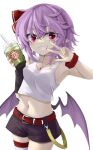  1girl akisome_hatsuka alternate_costume bangs bat_wings belt black_shorts breasts cowboy_shot cup fingernails grin holding holding_cup jewelry long_fingernails looking_at_viewer low_wings medium_breasts navel pendant pointy_ears purple_hair red_eyes remilia_scarlet short_hair shorts simple_background smile solo standing tank_top touhou v white_background wings 