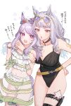  2girls animal_ears arm_around_shoulder arm_tattoo bangs belt bikini blush bracelet breasts casual_one-piece_swimsuit choker cleavage collarbone dress eyewear_on_head feet_out_of_frame gold_ship_(run_revolt_launcher)_(umamusume) gold_ship_(umamusume) green_bikini grey_hair highres holster horse_ears horse_girl horse_tail jewelry large_breasts long_hair mejiro_mcqueen_(ripple_fairlady)_(umamusume) mejiro_mcqueen_(umamusume) meumiharagane multiple_girls navel official_alternate_costume one-piece_swimsuit open_mouth pink_eyes purple_eyes purple_shirt see-through see-through_dress shirt simple_background small_breasts starfish sunglasses super_smashing_summer_vacation_(umamusume) sweatdrop swimsuit tail tattoo thigh_holster translation_request umamusume v-shaped_eyebrows white_background 
