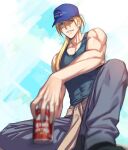  1boy baseball_cap beer_can blonde_hair can clothes_around_waist contemporary fate/grand_order fate_(series) fionn_mac_cumhaill_(fate/grand_order) green_eyes hat highres long_hair male_focus moriyama_daisuke tank_top 