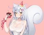  1girl :t ahoge animal_ear_fluff animal_ears artist_request bangs bare_arms bare_shoulders blush breasts cake cherry cleavage collarbone commission food fruit hair_between_eyes hair_ornament hairclip hand_up hat highres holding holding_food large_breasts large_tail long_hair looking_at_viewer original party_hat pink_background pink_headwear pink_ribbon ribbon riss second-party_source simple_background solo squirrel_ears squirrel_tail tail tank_top upper_body very_long_hair white_hair white_tank_top wrist_ribbon yellow_eyes 