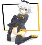  1girl 30_minutes_sisters absurdres black_footwear black_gloves black_leotard blue_eyes boots breasts fool_iketani gloves grey_hair hand_on_own_knee highres leotard looking_to_the_side medium_breasts rishetta_(30ms) short_hair sitting solo thigh_boots white_background 