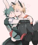  2boys animal_ears bakugou_katsuki black_footwear blonde_hair bodysuit boku_no_hero_academia boots carrying closed_mouth freckles gloves green_bodysuit green_eyes green_hair heart highres kemonomimi_mode looking_at_another male_focus midoriya_izuku multiple_boys nugunasutu one_eye_closed pink_background princess_carry rabbit_boy rabbit_ears rabbit_tail red_eyes short_hair simple_background smile spiked_hair tail white_gloves wolf_boy wolf_ears wolf_tail yaoi 