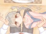  0p_3 :o alternate_costume alternate_hairstyle asymmetrical_bangs bangs blue_dress blush braid braided_bangs dress formal highres hisakawa_nagi idolmaster idolmaster_cinderella_girls lap_pillow light_brown_hair looking_at_viewer lying on_back pink_shirt pov pov_hands shirt side_ponytail wavy_hair 