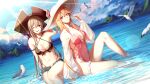  2girls ;d anchor_earrings arm_strap artist_name azur_lane bikini bikini_under_clothes bird black_bikini black_headwear blonde_hair blue_shorts blue_sky breasts brown_hair cleavage cloud cloudy_sky commentary criss-cross_halter day detached_sleeves dunkerque_(afternoon_venus)_(azur_lane) dunkerque_(azur_lane) dutch_angle earrings english_commentary feet_out_of_frame grin hair_flaps halterneck hand_on_headwear hat highleg highleg_bikini highres jewelry knee_up lens_flare light_rays llamartist long_hair looking_at_another looking_at_viewer looking_to_the_side medium_breasts micro_shorts multiple_girls navel ocean official_alternate_costume one-piece_swimsuit one_eye_closed open_fly outdoors parted_lips pink_swimsuit red_eyes richelieu_(azur_lane) richelieu_(fleuron_of_the_waves)_(azur_lane) second-party_source short_shorts shorts sideless_outfit sitting sky smile stomach sun_hat sunlight swimsuit thigh_strap thighs twitter_username very_long_hair white_headwear 