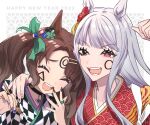  2girls alternate_costume animal_ears bangs black_nails blue_nails blunt_bangs brown_hair choker closed_eyes facepaint flower gold_ship_(umamusume) grey_hair hair_flower hair_ornament hand_to_own_mouth hands_up happy_new_year holding holding_paintbrush horse_ears horse_girl japanese_clothes kimono meumiharagane multicolored_nails multiple_girls new_year one_eye_closed paintbrush parted_lips purple_eyes purple_nails red_eyes tosen_jordan_(umamusume) twintails umamusume upper_body 