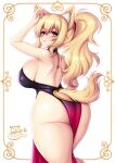  1girl animal_ear_fluff animal_ears ass bangs blonde_hair borrowed_character breasts cat_ears cat_tail from_behind highres huge_breasts looking_at_viewer original pelvic_curtain ponytail red_eyes sevie sideboob slit_pupils solo tail tiffy_(nottytiffy) 