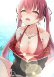  1girl bangs bare_shoulders bikini breasts cleavage earrings heterochromia highres hololive houshou_marine indian_style jacket jewelry kuratarou0011 necklace off_shoulder open_mouth red_bikini red_eyes red_hair sitting solo sweat swimsuit twintails virtual_youtuber yellow_eyes 