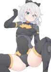  1girl 30_minutes_sisters :3 absurdres black_footwear black_leotard blue_eyes blush boots cable covered_navel flat_chest grey_hair head_tilt highres leotard looking_at_viewer paw_pose rishetta_(30ms) short_hair sitting smile solo spread_legs subten thigh_boots 