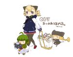  3girls ahoge animal_ears blonde_hair blue_eyes cat_ears chibi dated drill_hair full_body green_hair hat looking_at_viewer mota multiple_girls open_mouth original pantyhose short_hair short_twintails simple_background skirt smile twin_drills twintails white_background 