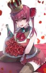  1girl :d bangs bare_shoulders black_thighhighs bottle bouquet breasts cleavage crown heterochromia highres hololive houshou_marine kuratarou0011 looking_at_viewer open_mouth petals pleated_skirt red_eyes red_hair sitting skirt sleeveless smile solo thighhighs virtual_youtuber wariza yellow_eyes 