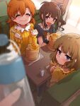  1other 3girls ^_^ blush bottle brown_hair closed_eyes food highres holding holding_bottle idolmaster idolmaster_million_live! indoors jitome looking_at_viewer maple_syrup multiple_girls nnnn orange_hair pancake pancake_stack pov pov_hands restaurant side_ponytail sitting suou_momoko utensil_in_mouth water_bottle wavy_hair wavy_mouth yabuki_kana yokoyama_nao 