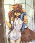  anthro apogee_(tinygaypirate) arm_tuft big_tail black_nose blush breasts brown_body brown_eyes brown_fur brown_hair canid canine canis cheek_tuft clothed clothing domestic_dog door doorway ear_piercing elbow_tuft eyebrow_through_hair eyebrows eyelashes facial_markings facial_piercing facial_tuft female floppy_ears fur furgonomics furry-specific_piercing gauged_ear hair head_markings hi_res inner_ear_fluff inside long_hair looking_at_viewer mammal markings messy_hair mottled mottled_nose muzzle_piercing nipple_outline nose_piercing off_shoulder piercing pink_nose print_clothing print_shirt print_topwear raised_arms shirt slim solo spitz standing steam tinygaypirate topwear translucent translucent_hair tuft wet 
