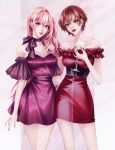  2girls bangs bare_arms bare_legs breasts brown_eyes brown_hair cleavage closed_mouth cup dress grey_eyes hair_between_eyes highres holding holding_cup long_hair looking_at_viewer medium_breasts megurine_luka meiko multiple_girls nail_polish off-shoulder_dress off_shoulder parted_lips pink_hair purple_dress red_dress red_lips red_nails sapphirez39 shiny shiny_hair short_dress short_hair standing vocaloid 
