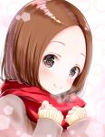  1girl absurdres bangs black_eyes brown_hair closed_mouth coat fluno grey_coat highres karakai_jouzu_no_takagi-san long_hair long_sleeves looking_at_viewer parted_bangs portrait red_scarf scarf shiny shiny_hair simple_background sleeves_past_fingers sleeves_past_wrists smile solo straight_hair sweater takagi-san white_background yellow_sweater 