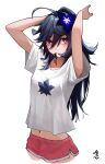  1girl absurdres ahoge arms_up blue_flower blush bright_pupils collarbone commission flower glowing glowing_flower hair_between_eyes hair_tie_in_mouth highres huge_ahoge hwan_(verypoor) long_hair messy_hair mouth_hold navel original purple_eyes shirt simple_background solo t-shirt white_background white_pupils 