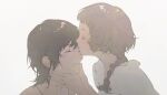  1boy 1girl absurdres bangs black_hair blunt_bangs braid hands_on_another&#039;s_face hetero highres kiss kkia long_hair medium_hair original single_braid white_background 